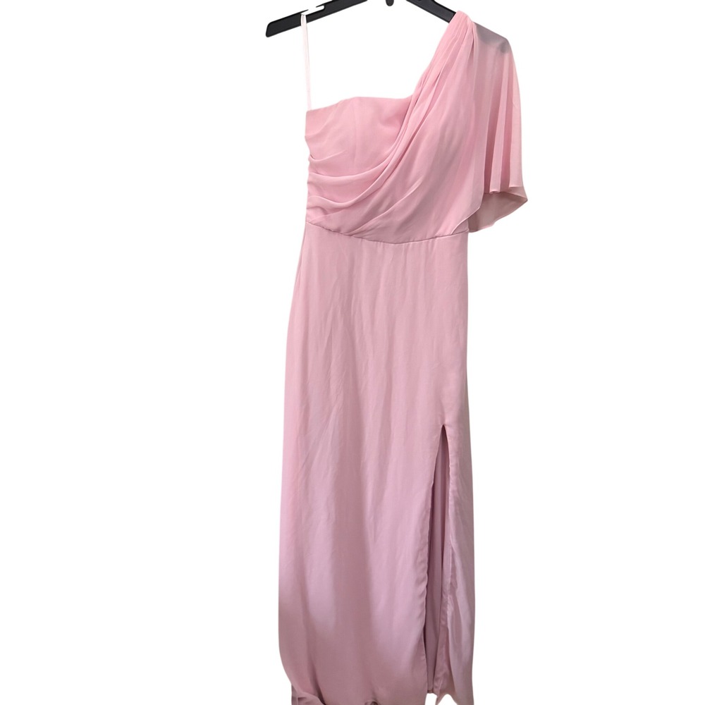 Blush Pink One Shoulder Maxi Dress Formal Gown Ruched Slit Bridesmaid Size 6